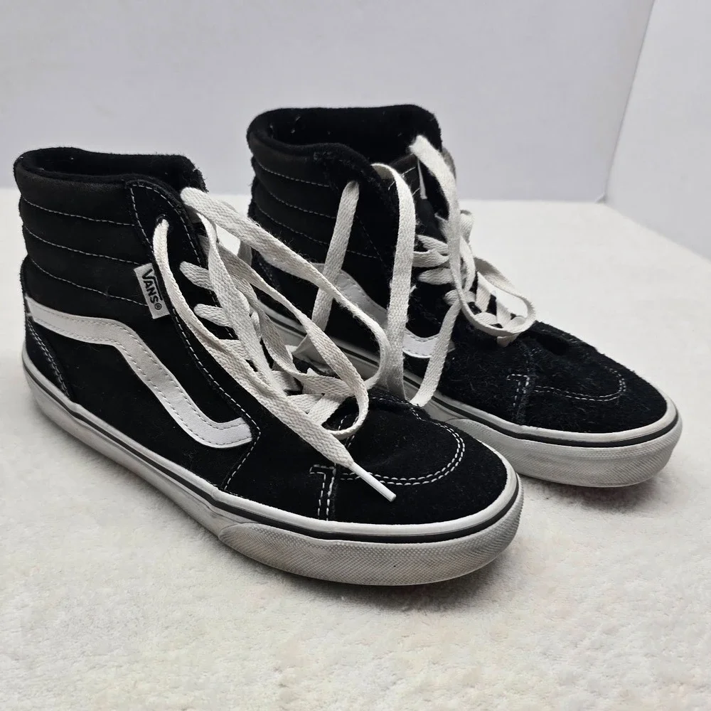 Vans Sk8-Hi High Top Sneakers Black White Suede Canvas Skate Shoes Youth 4.0